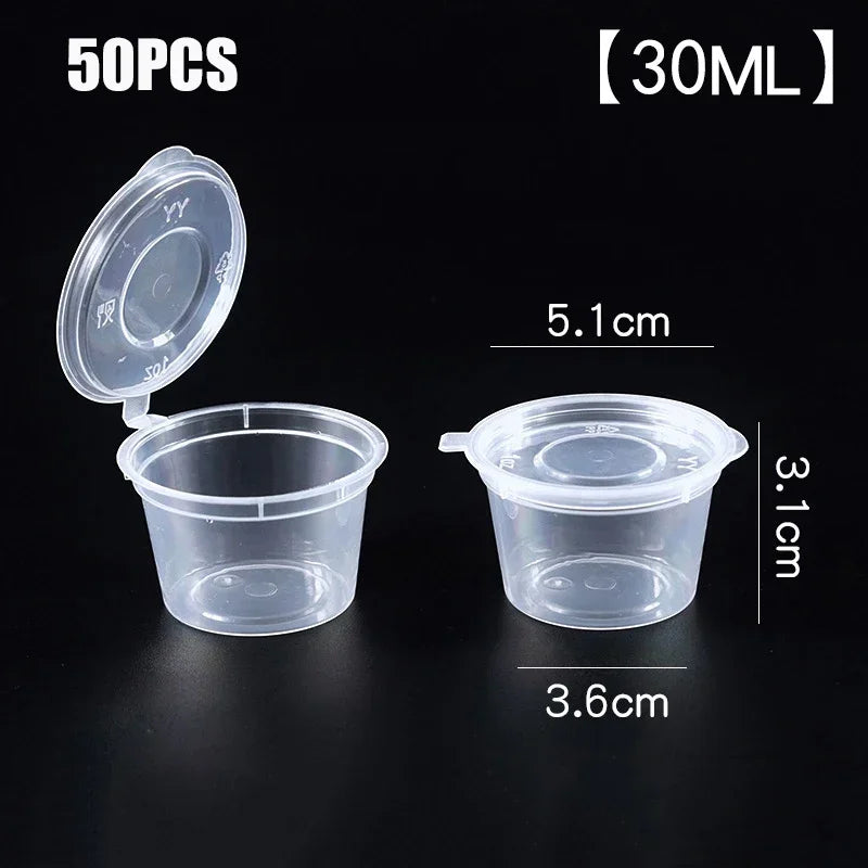 50pcs Disposable Sauce Containers Package Box&Lid Clear Portable Plastic Takeaway Sauce Cup Containers Food Box With Hinged Lids