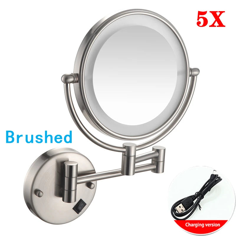 Brushed Gold LED Makeup Mirror with Brass Folding Bathroom Mirrors of 8 Inch 3X 5X Maynifying Makeup Mirror Dual Face LED Mirror