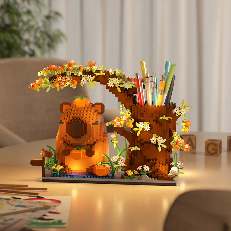 Capybara Building Block Pen Holder Multi-Function Desk Organizer for Office Supplies Cosmetics Birthday Gift Desktop Decoration
