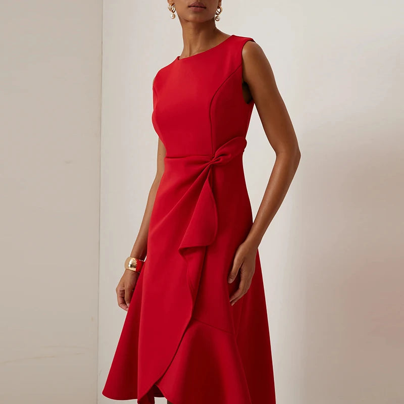 Sexy Women Elegant O Neck Solid Commute Knot Slim Ruffled Irregular Summer Sleeveless A-Line Hight Split Wedding Party Dresses