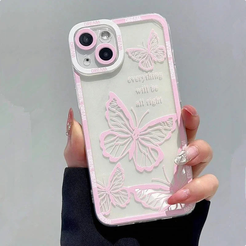 Cute Pink Butterfly Pattern Phone Case For iPhone 17 16 15 14 13 12 11 Pro Max Mini SE 7 Plus Air Shockproof Soft Cover Fundas