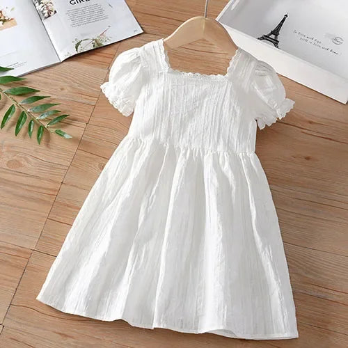 2025 New Summer Baby Girl Birthday Wedding Party Dress Short Sleeved Cotton Solid Color Dress 2-10Yrs Kids Princess Dresses