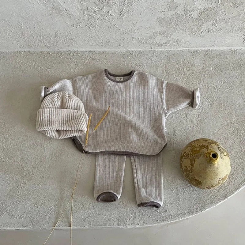 Korean Autumn Baby's Sets 2024 Toddler Casual Set Loose Kids Waffle Sweater Pants Two-piece Set Boys Clothes Suit