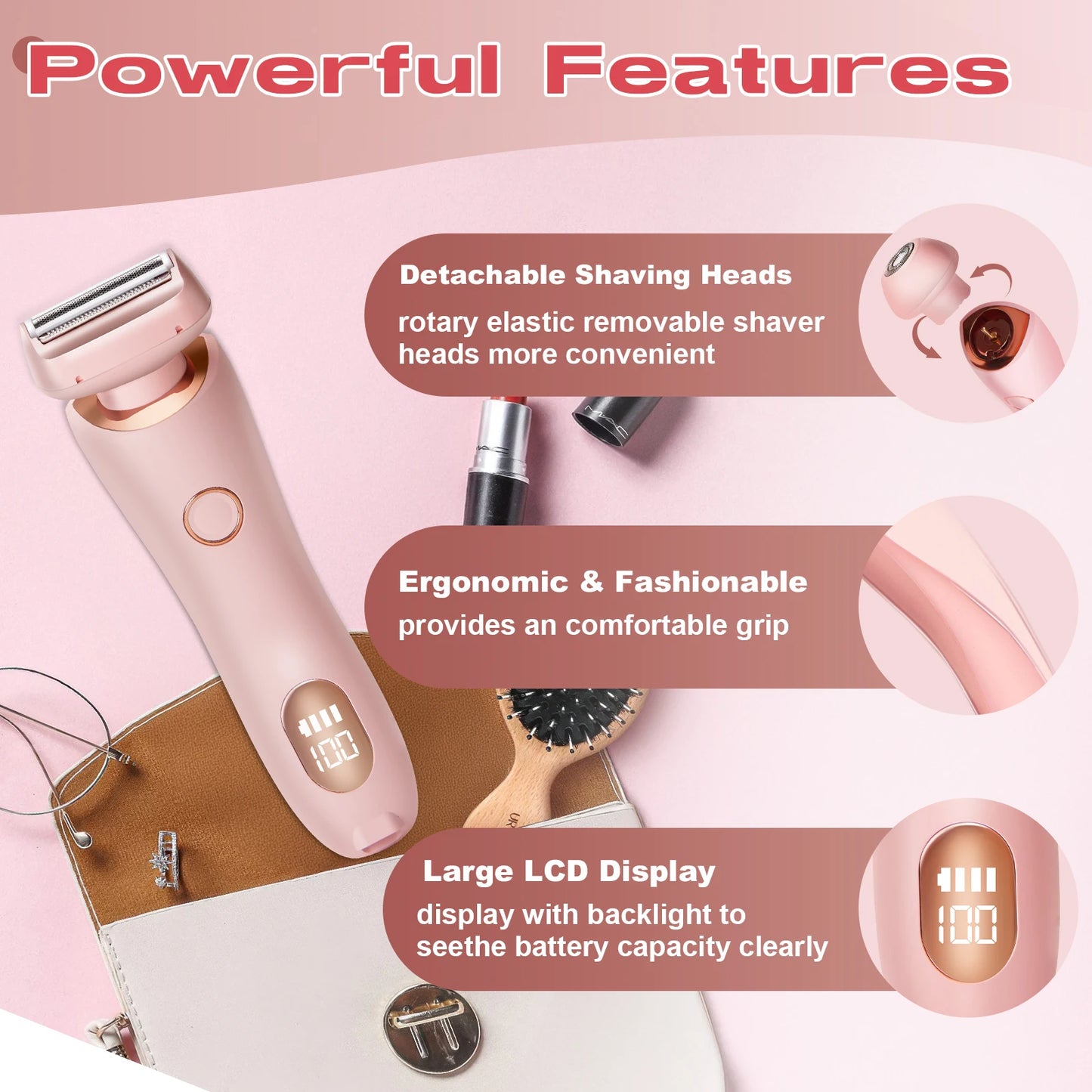 2 in 1 Lady Hair Removal Device Electric Shaver & Bikini Trimmer IPX7 Waterproof Face & Body Hair Remover for Legs Underarms