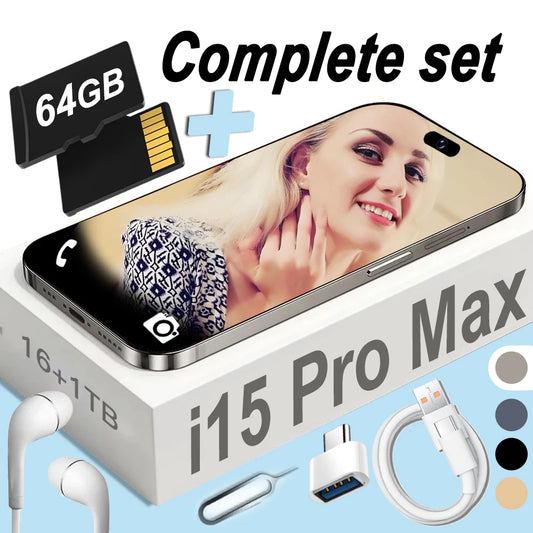 Unlock i15ProMax Smartphone for Android and 64GB TF Card Set,Dual SIM Cell Phone,6.8" FHD,16GB+1TB GPS Goodplay Store App Wifi