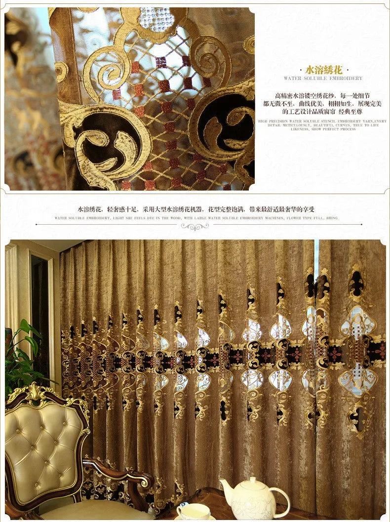 Embroidered Chenille Velvet Curtains for Living Room Bedroom European Modern Brown Gold Sheer Tulle Windows Backdrop Valance