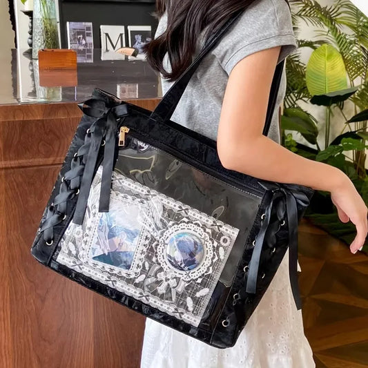 New Y2K Ribbon Bow Japanese Ita Shoulder Bag Cute Girl Transparent Pocket Large Capacity Crossbody Tote Bag DIY Display Handbags