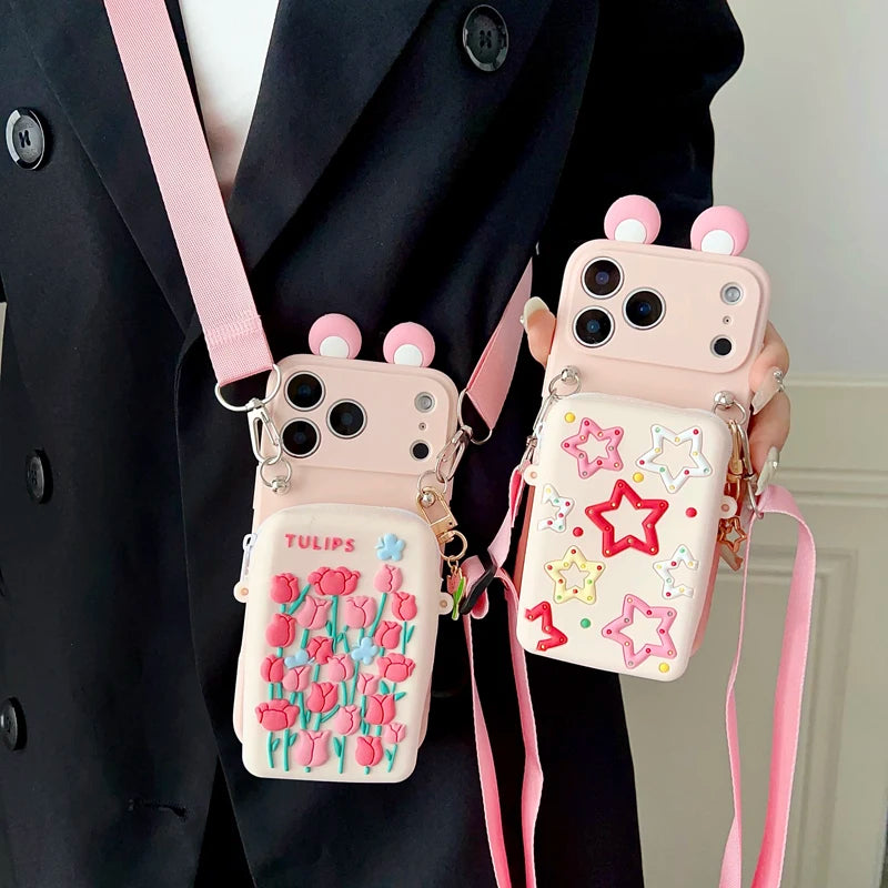 For iPhone 17 16 15 14 13 12 11 XR Xs 6 6s 7 8 SE Pro Max mini Plus e Tulip Star Wallet Case With Accessories