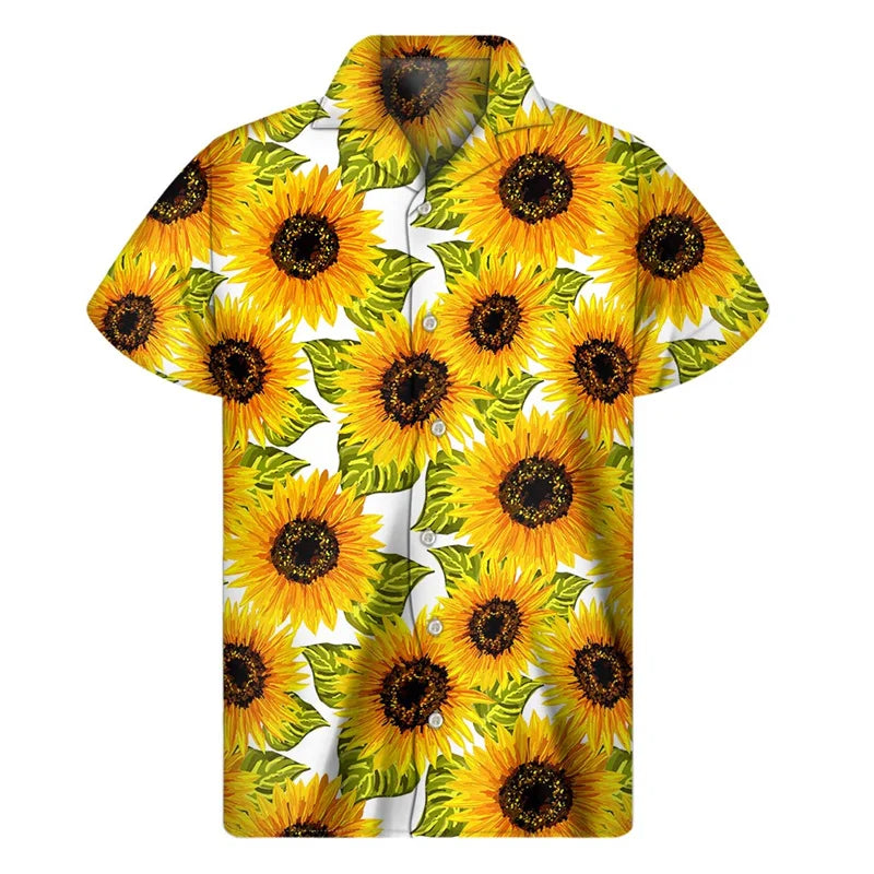 3d Plants Sunflower Print Shirt For Men Fashion Classic Short Sleeve Summer Vacation Shirts Breathable Tops Hawaiian Shirts