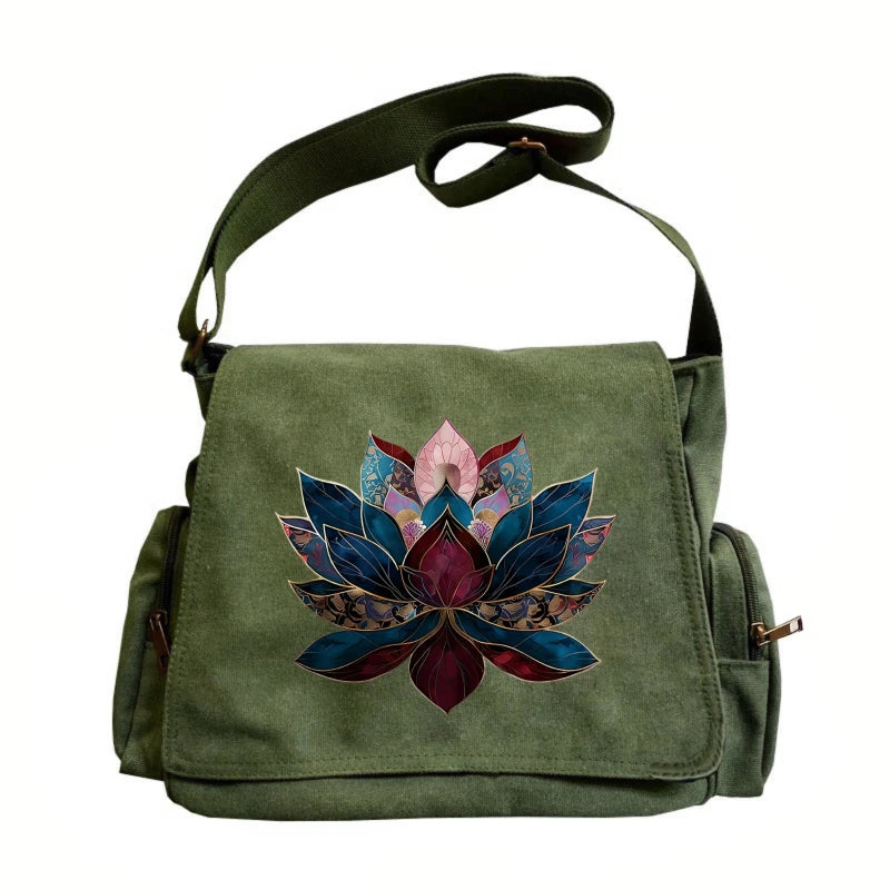 Vintage Women's Shoulder Bag Canvas Lotus Print Large Capacity Crossbody Bag for Travel Messenger Bag