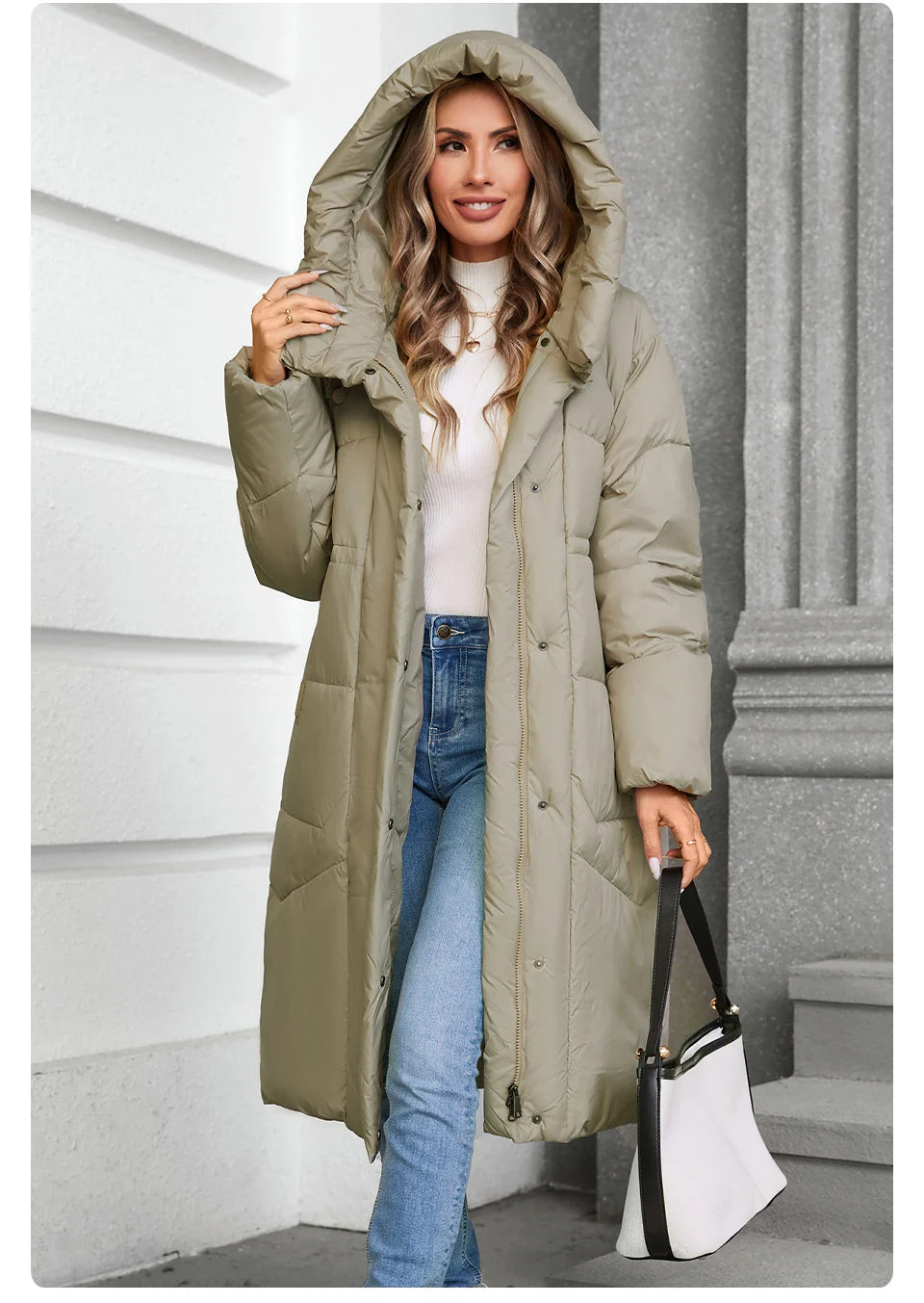 GASMAN 2024 Winter Down Jacket Women Long Classic zipper Design Pocket Stand Collar Hooded Slim Coat Women Parkas 88590