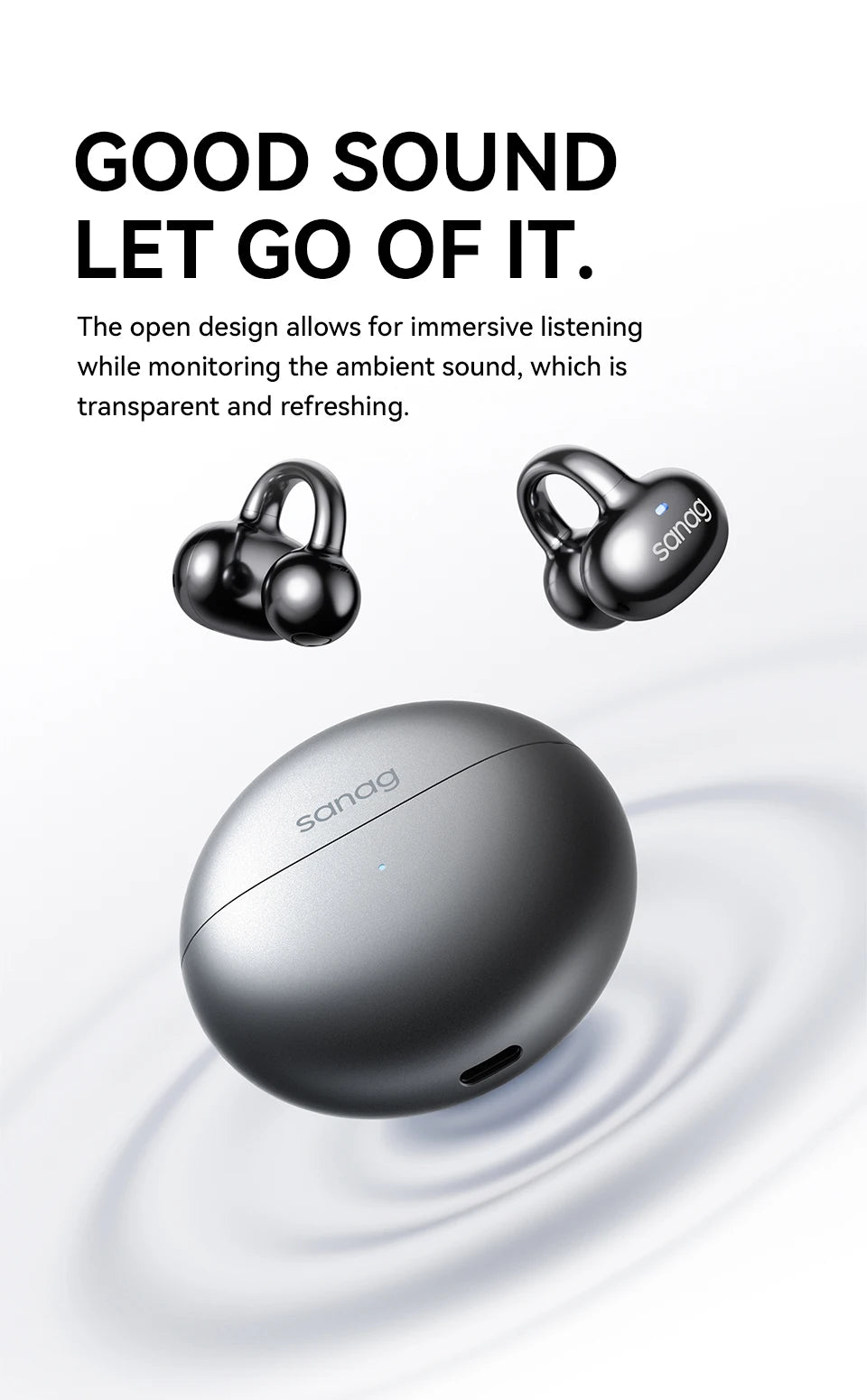 Sanag S6S Free Clip Open Ear Earphone Ear Clip 3D Stereo Sound Bluetooth 5.3 36H Playtime OWS Sport Headphones IPX4 Waterproof