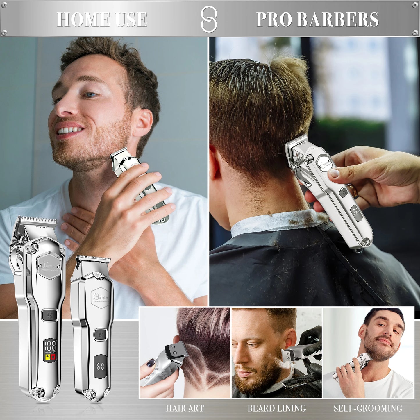 Hatteker Professional Cordless Hair Clipper Kit for Barbers - Powerful Electric Clippers with LCD Display for Men's Haircut