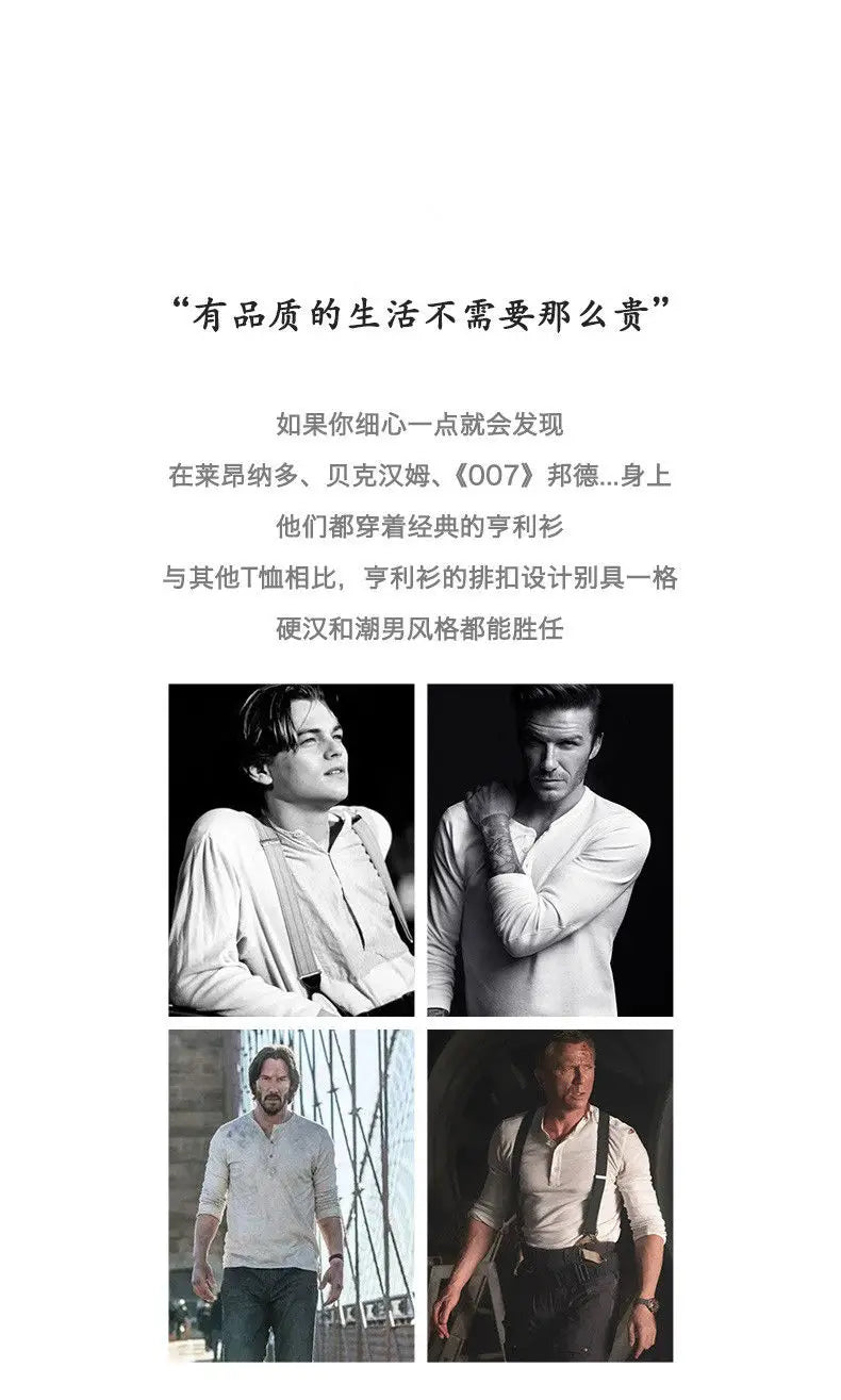 Vintage Daily Stand Neck T-shirt Men's Solid Patchwork Button Trendy Temperament Simple Cotton Long Sleeved Top JJ356