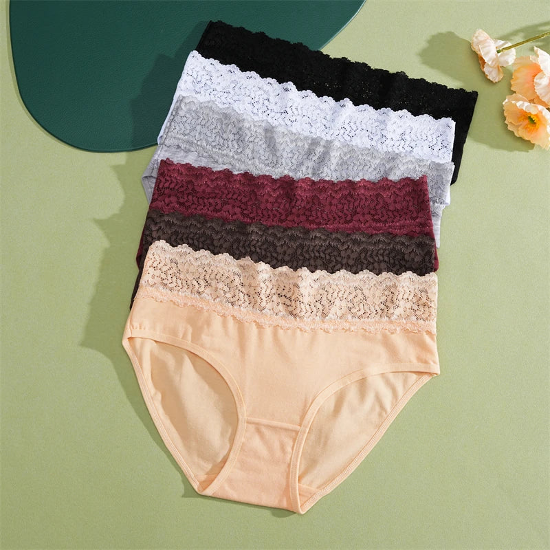 FINETOO 2Pcs Women Cotton Seamless Underwear Sexy Lace Waist Patchwork Panties Female Solid Briefs Plus size Breathable Lingerie