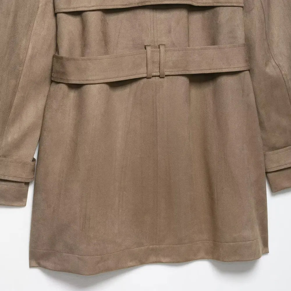 Women Fashion With Belt Faux Suede Trench Coat Long Sleeve Double-breasted Female Outerwear Chic Tops