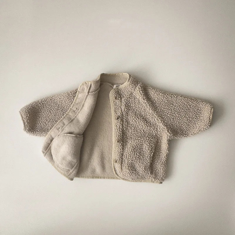 Spring Autumn Baby Kids Sherpa Fleece Jacket, Solid Color Loose Fit Warm Outerwear for Boys Girls Toddler 73-100