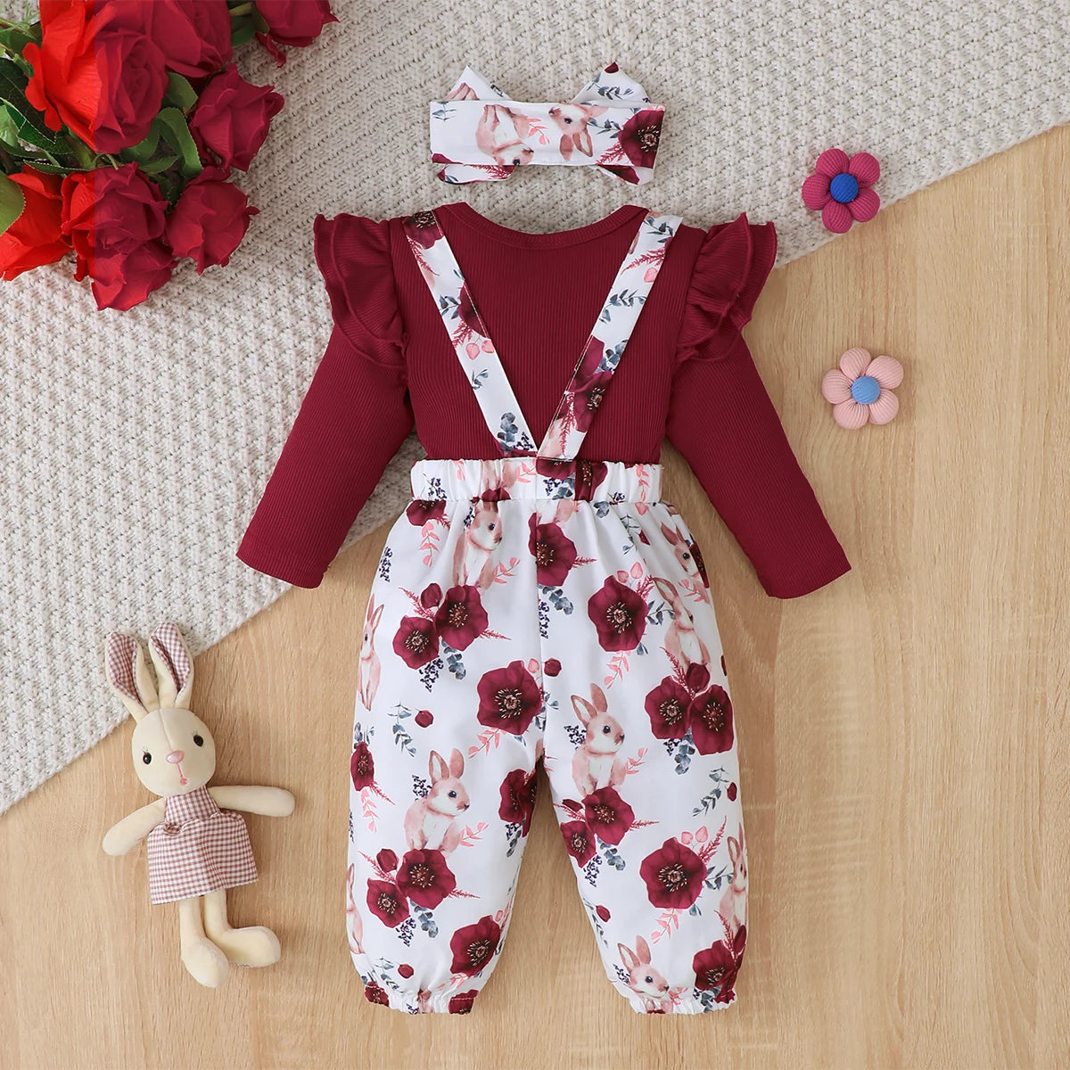 3PCS Clothes Outfits for 1-24Months Newborn&Toddler Baby Girl Long Sleeves Romper+Flower Strap Pants Cute Christmas Costume
