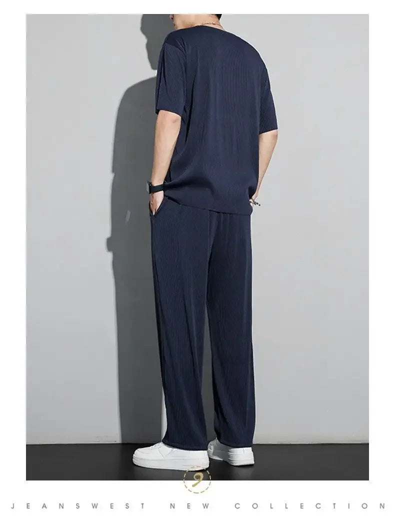 Men's Wrinkled Ice Silk Sports Set 2026 Summer New Short sleeved Long Pants Two piece Set Fashionable Breathable and Cool