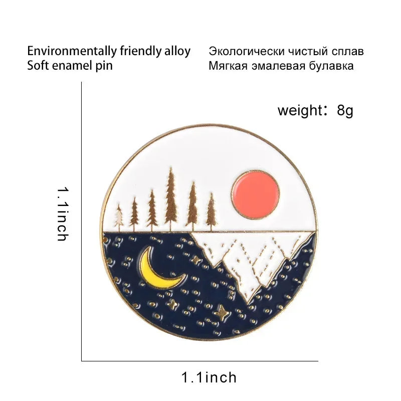 Personality Mountain Moon Sea Brooch Buckle Golden Metal Badge Bag Clothes Lapel Brooches For Women Men Kids Gifts