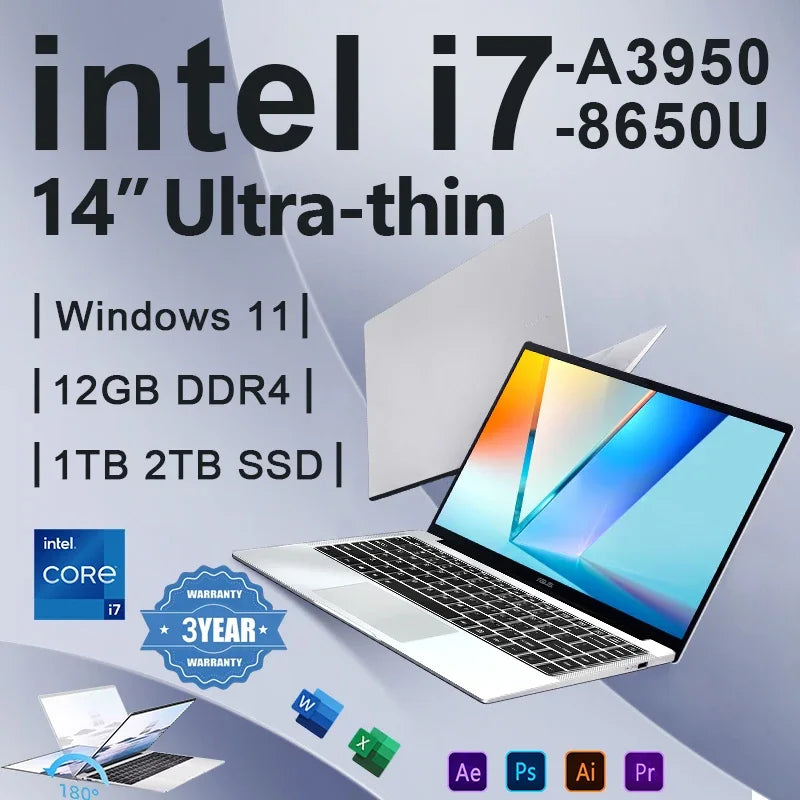 2026 Office Laptop Windows 11 Pro intel i7 8650U Intel Atom A3950 14.1 inch Notebook Computer 12GB RAM 1TB 2TB SSD PC Gaming