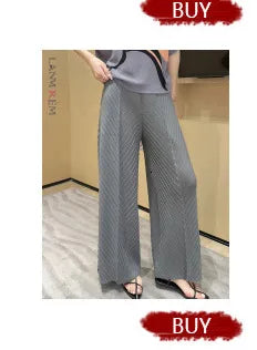 LANMREM patchwork design women's Pleated trousers elastic High Waisted Draped Straight Wide Leg Pants 2025 chic new 2DB3871