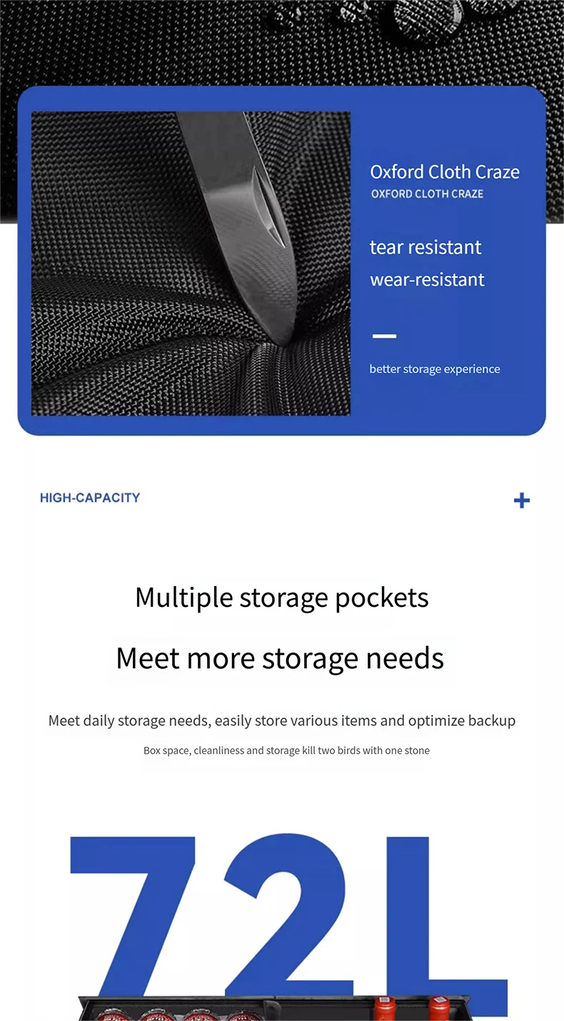 Heavy-Duty 72L Trunk Organizer for Car Large-Capacity Foladable Storage Box High-Density Oxford Cloth Waterproof Car Organizer