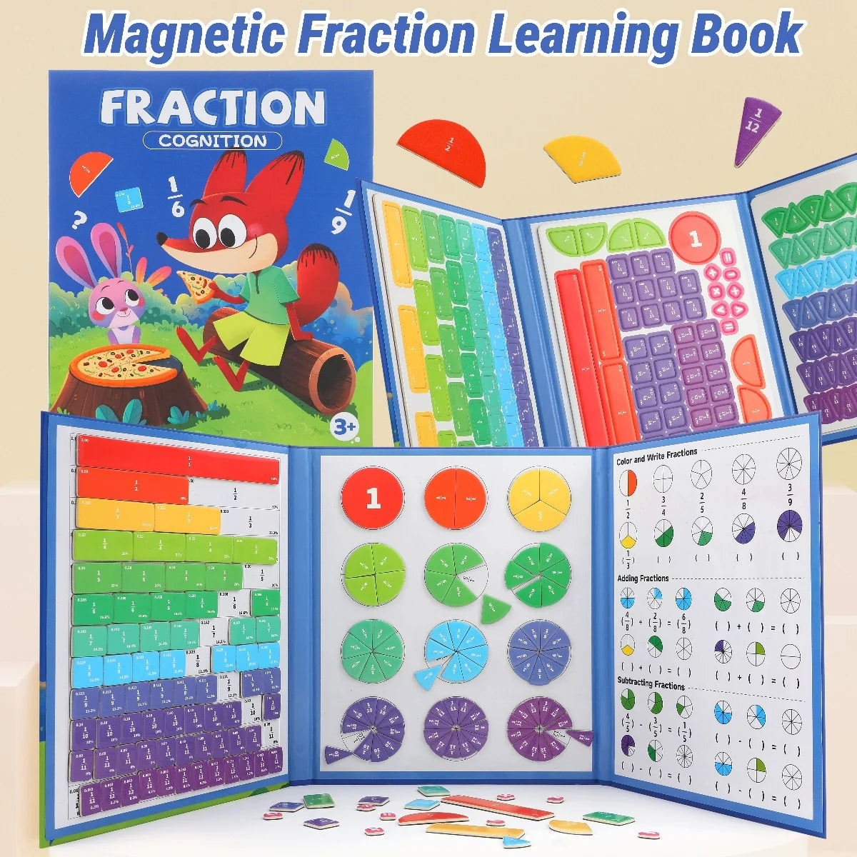 Magnetic Fraction Disk Teaching Aids, Fraction Science Education Model Practical School Interactive Enlightenment Teaching Aids, Block Diagram + Pie Diagram + Erasable Arithmetic Area, Addition and Subtraction Quantity Visual