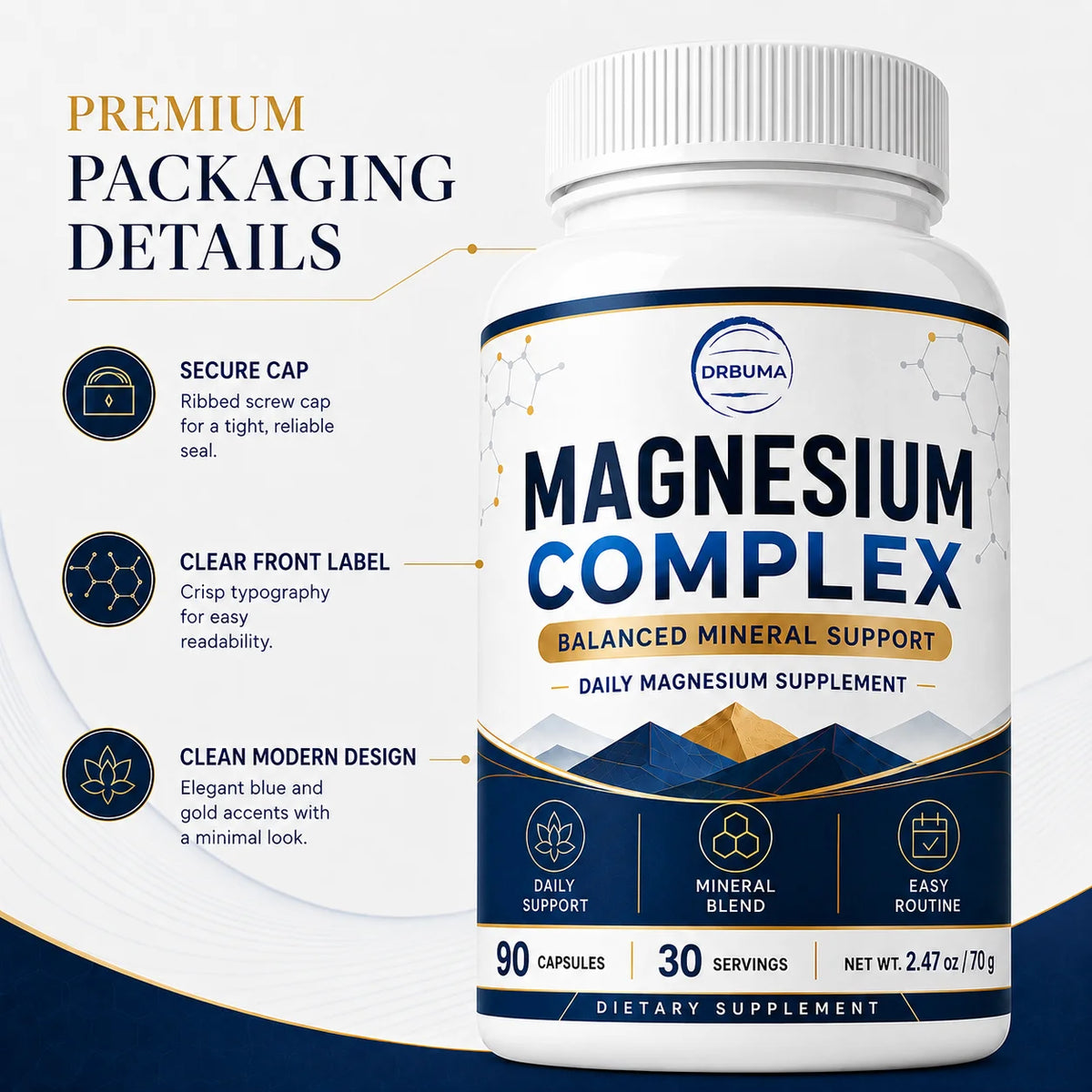 90-Count Magnesium Complex Capsules, Daily Dietary Nutritional Supplement for Adults, Large-Capacity Bottle with 30 Servings, Easy Daily Intake, Easy-to-Swallow Capsules, Ideal Choice for a Healthy Lifestyle