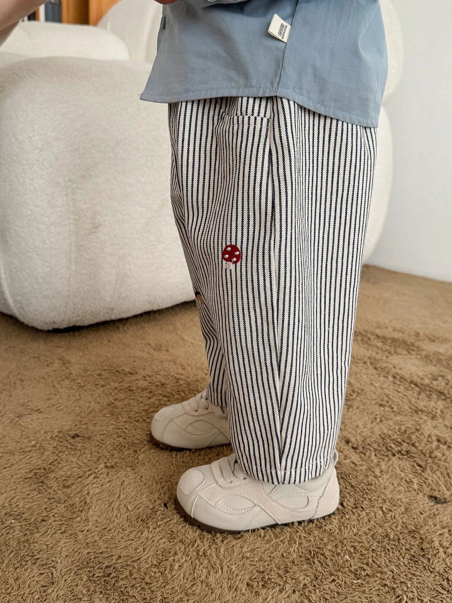 2025 Fall New Toddler Kids Pants Cotton Cartoon Embroidered Harem Pants Baby Boy Casual Striped Denim Baggy Trousers