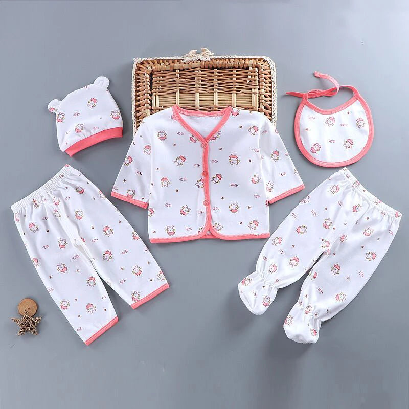5Pcs/Set Newborn Baby Girl Clothes Set Cotton Soft Underwear Infant Boy Outfit Children Girl Top+2Pant+Bib+Hat Toddler Clothing