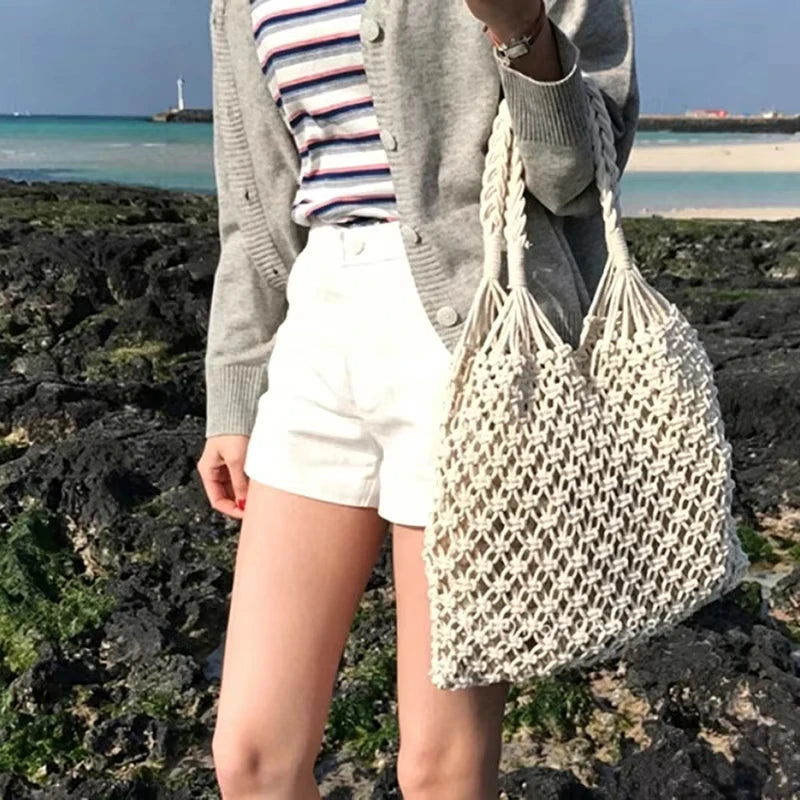 Fashion Crochet Bags for Women Summer Beach Tote Bag Raffia Aesthetic Totes Straw Handbag Bohemian Boho Woven Knit Shoulder Bag