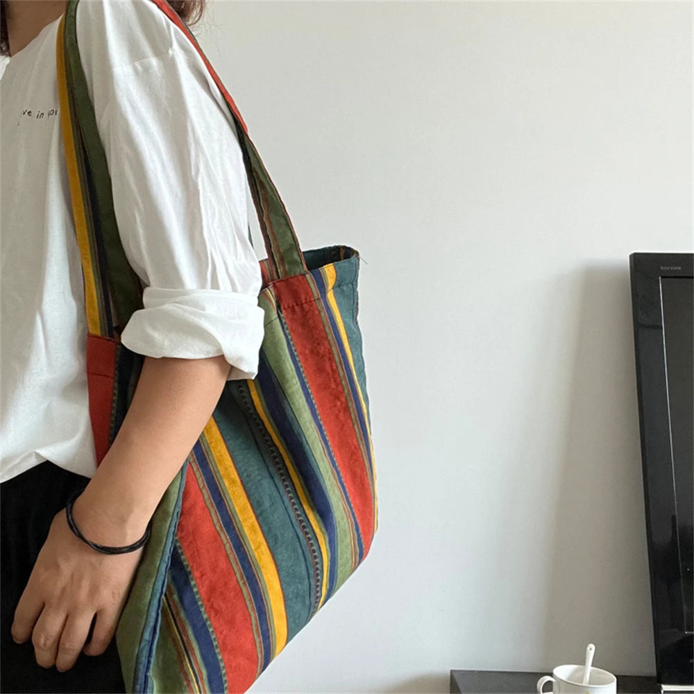Retro Women's Canvas Shoulder Bag Rainbow Striped Linen Shopping Bag Eco Large Capacity Handbag Tote for Girls Christmas Gifts