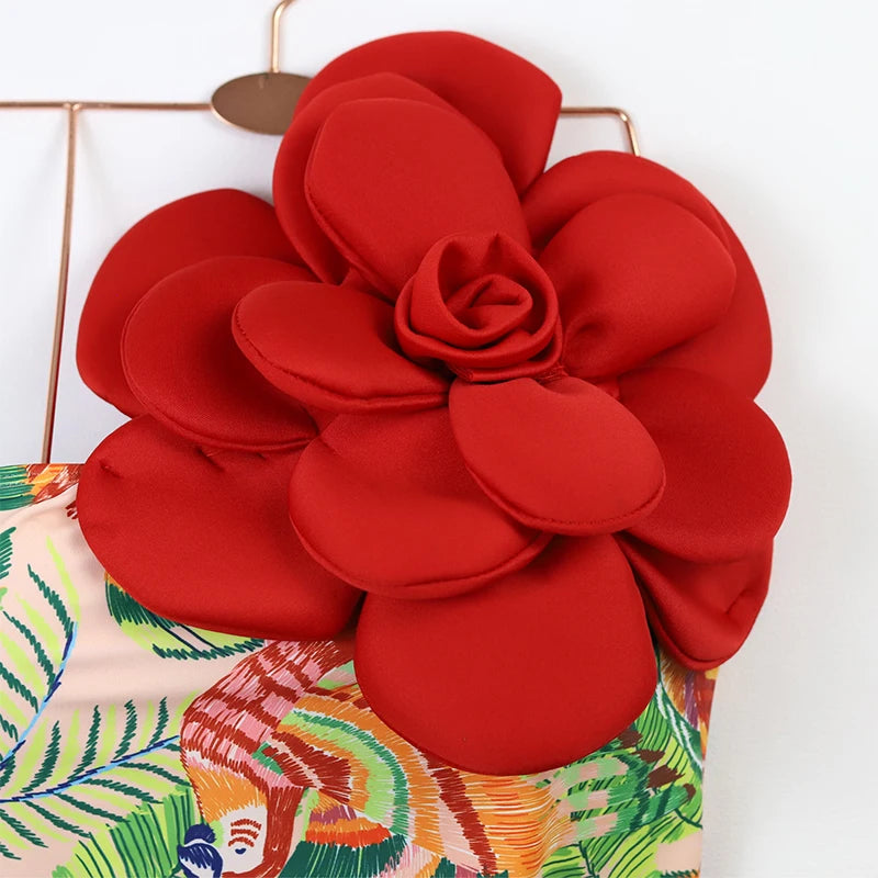 2024 Sexy Sling Ruffle Solid Two Pieces Bikini Women High Waist 3D Flower Swimsuit Skirt Summer Backless Beachwear Bathing Suit