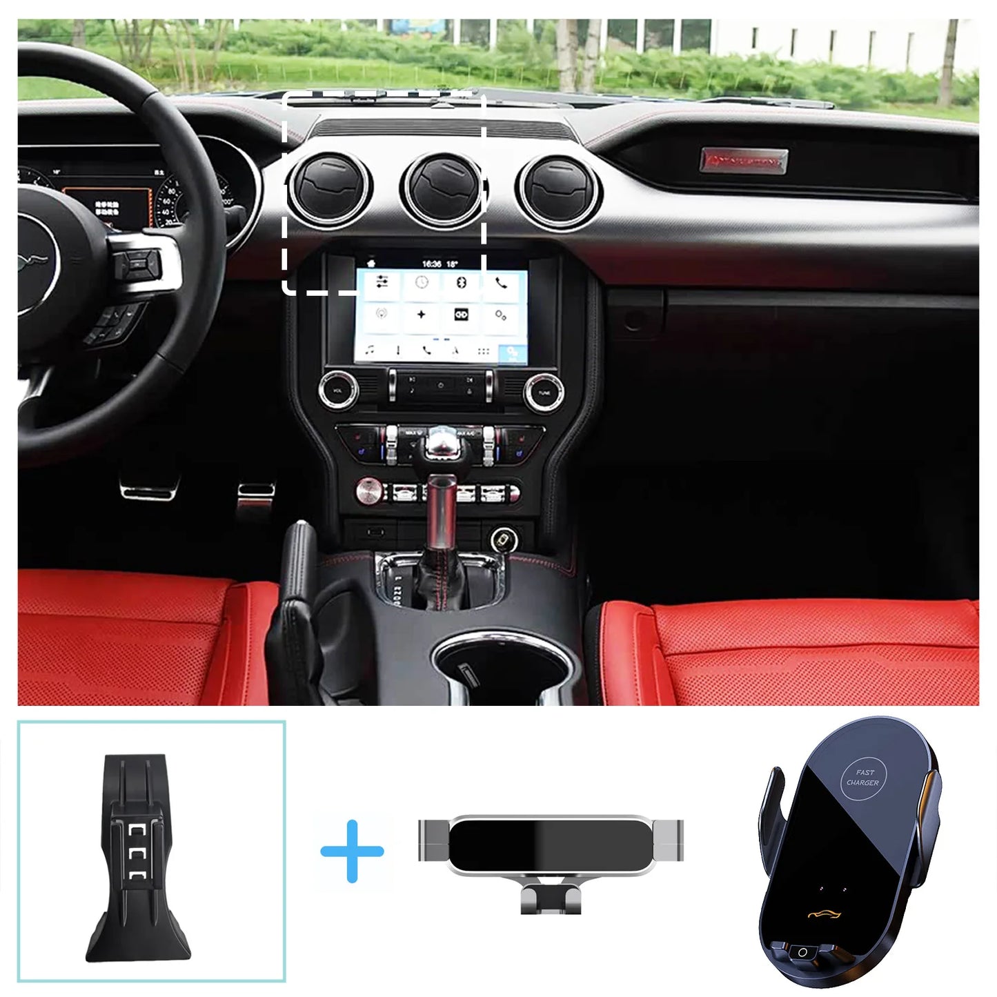 For Ford Mustang 2015-2018 2019 2020 2021 Car Phone Holder Wireless Charging Bracket Base Gravity Stand Phone Mount Accessories