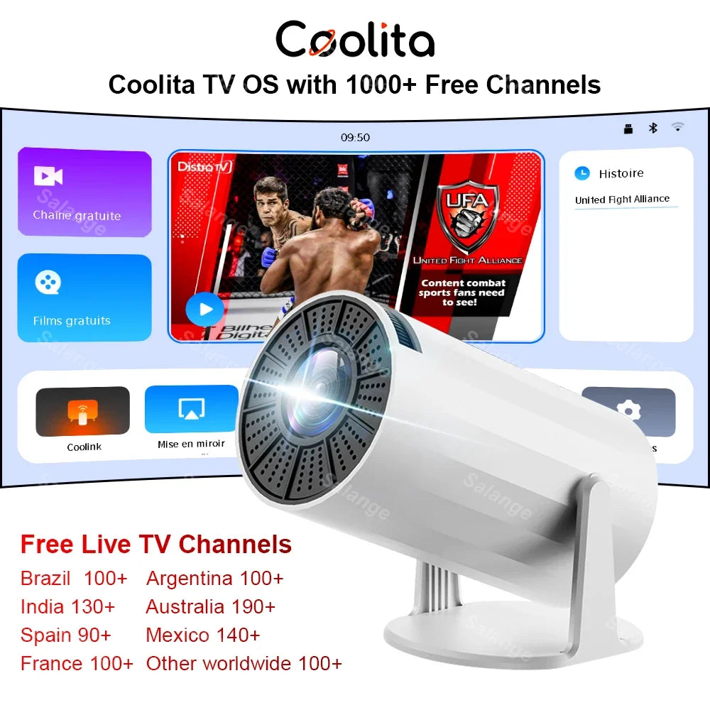 Salange Smart Projector Coolita TV OS with 1000+ Free Channels WiFi6 BT5 Native 720P Support 1080P Video Projector Home Cinema