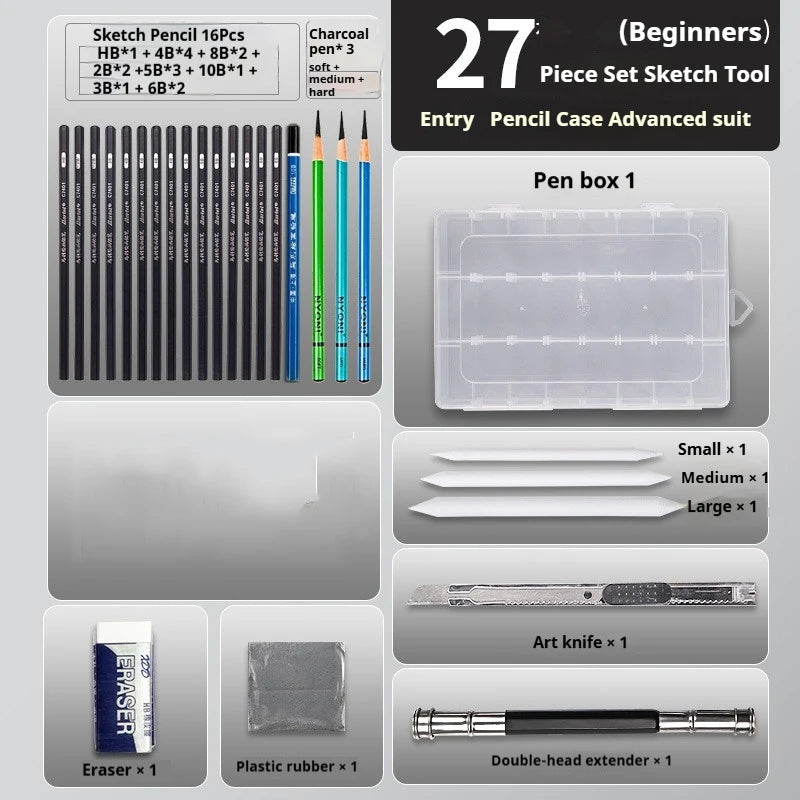 Sketching Pen Set Drawing Kit Student Portable Pen Curtain Charcoal Pencil Sketch Pencil Charcoal Stick Sharpener Eraser Set Box