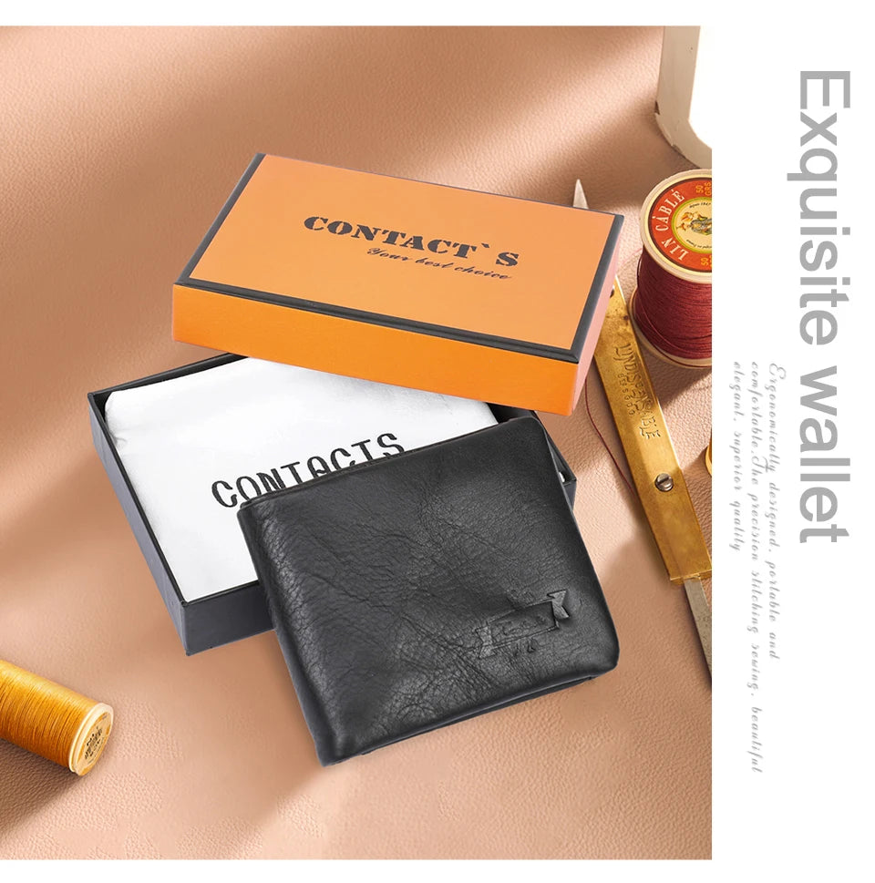 CONTACT'S Genuine Leather Men Wallet Vintage Trifold Hasp Wallet Zipper Coin Purse Card Holder Money Clip Men's Wallets
