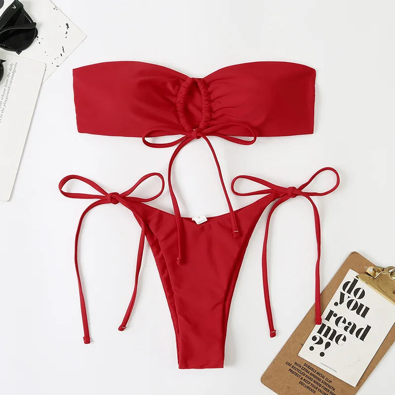 Sexy Bandeau Bikini Swimwear Women Red Black Pleate Lace Up Swimsuit 2026 Cut Out Beach Bathing Suit Tie Side Thong Bikinis Sets