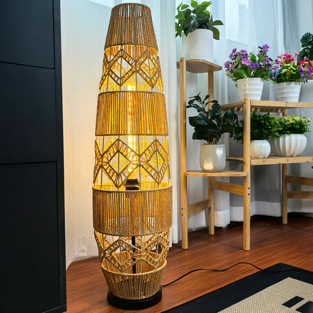 Boho Rattan Floor Lamp Hand-Woven with LED Light Bar, Corner Reading Lamp for Living Room Bedroom