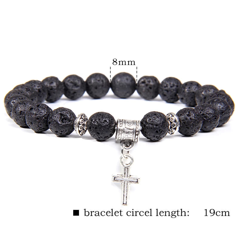 Cross Pendent Stretch Bracelet Natural Grey Map Labradorite Turquois Stone Bead Bracelet Prayer Bangle Men Vintage Jewelry Gift