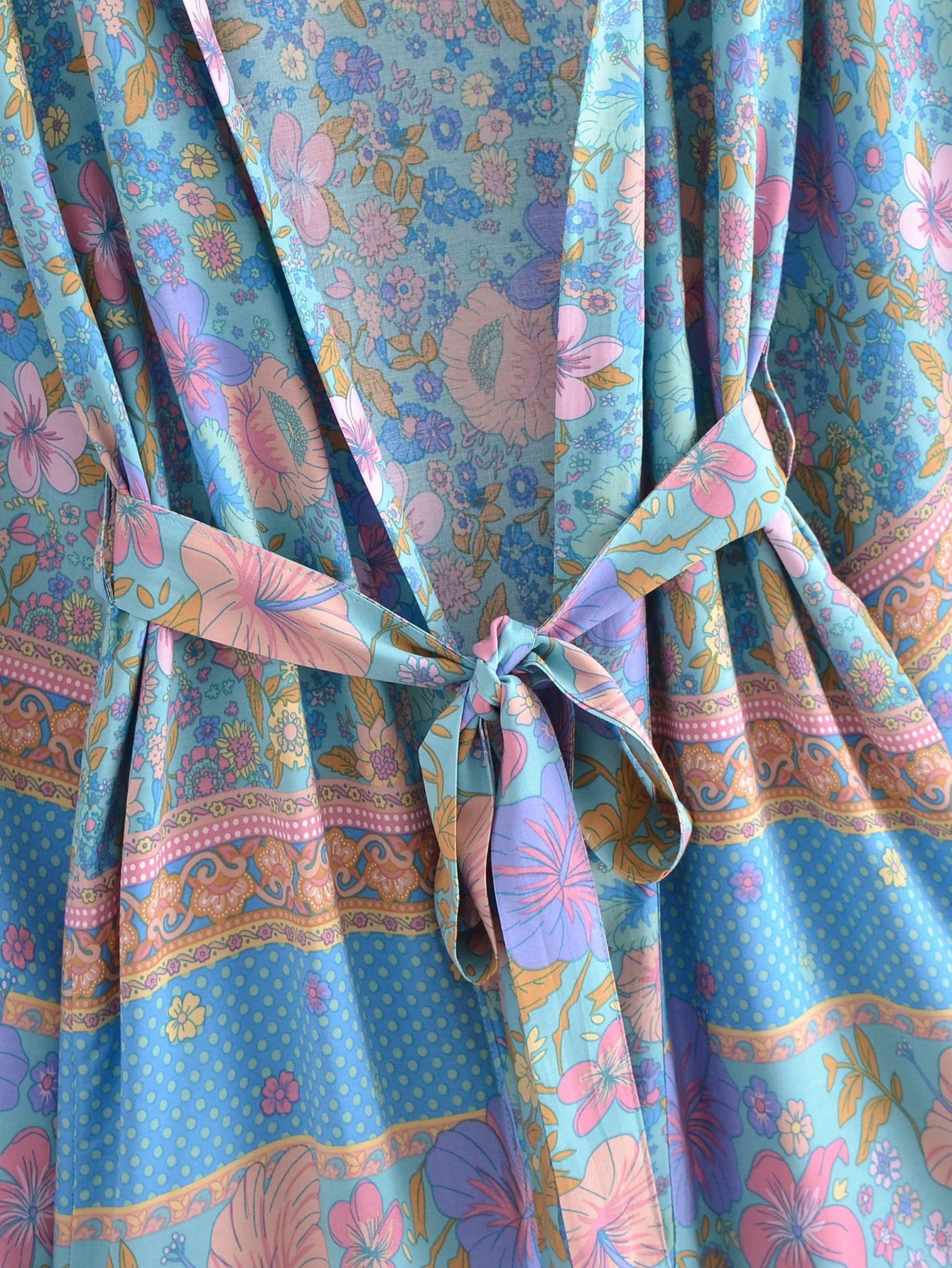 BOHO Women Blue With Pink Flower Print Kimono Shirt Holiday Tide Bow Sashes Mid Long Cardigan Summer Blouse Beach Cape