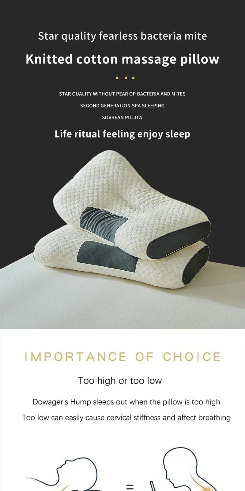 Knitted Cotton Pillow Core Ergonomic Cervical Support Sleep Aid Pillow For Adults Household Dormitory Students