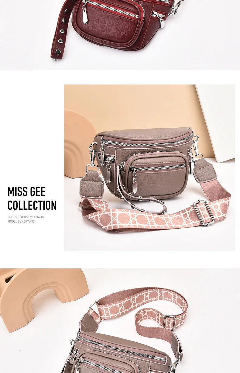 Luxury Multi-pocket 100% cowhide Crossbody Bags For Women Black Shoulder Messenger Handbags Small Chest Bag Travel Saddle bag