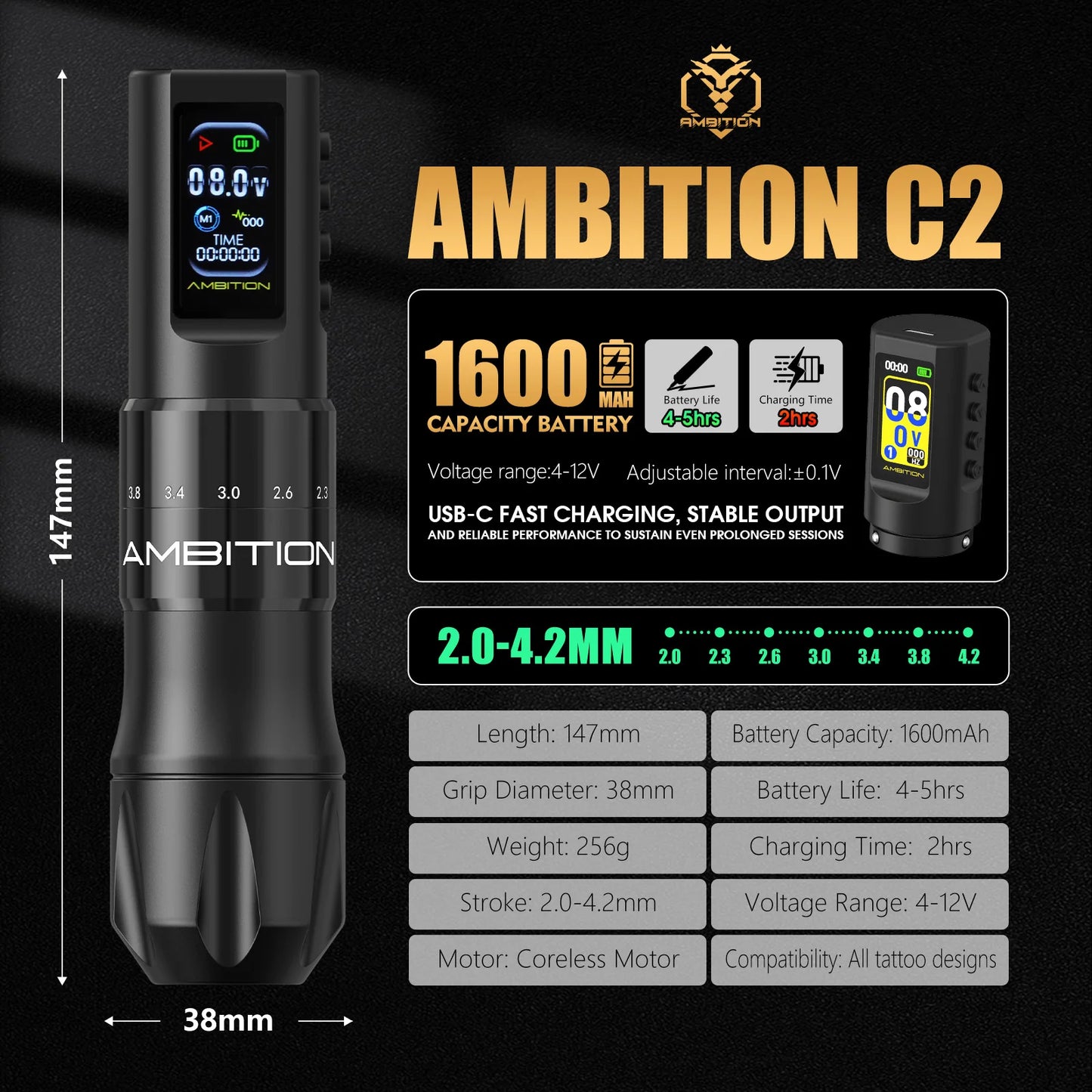 Ambition C2 Kit Wireless Tattoo Machine Pen 7 Adjustable Stroke Coreless Motor 1600mAh Battery Makeup Microplasty Pen For Tattoo