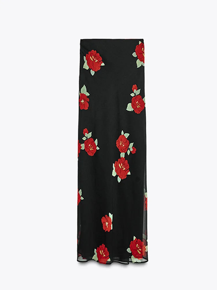 Summer 2-piece Suit Print Flower Mesh Slit Hip-covering Skirt Halter Top Suit Women's Fashion Causal Woman 2 Piece Set Outfit