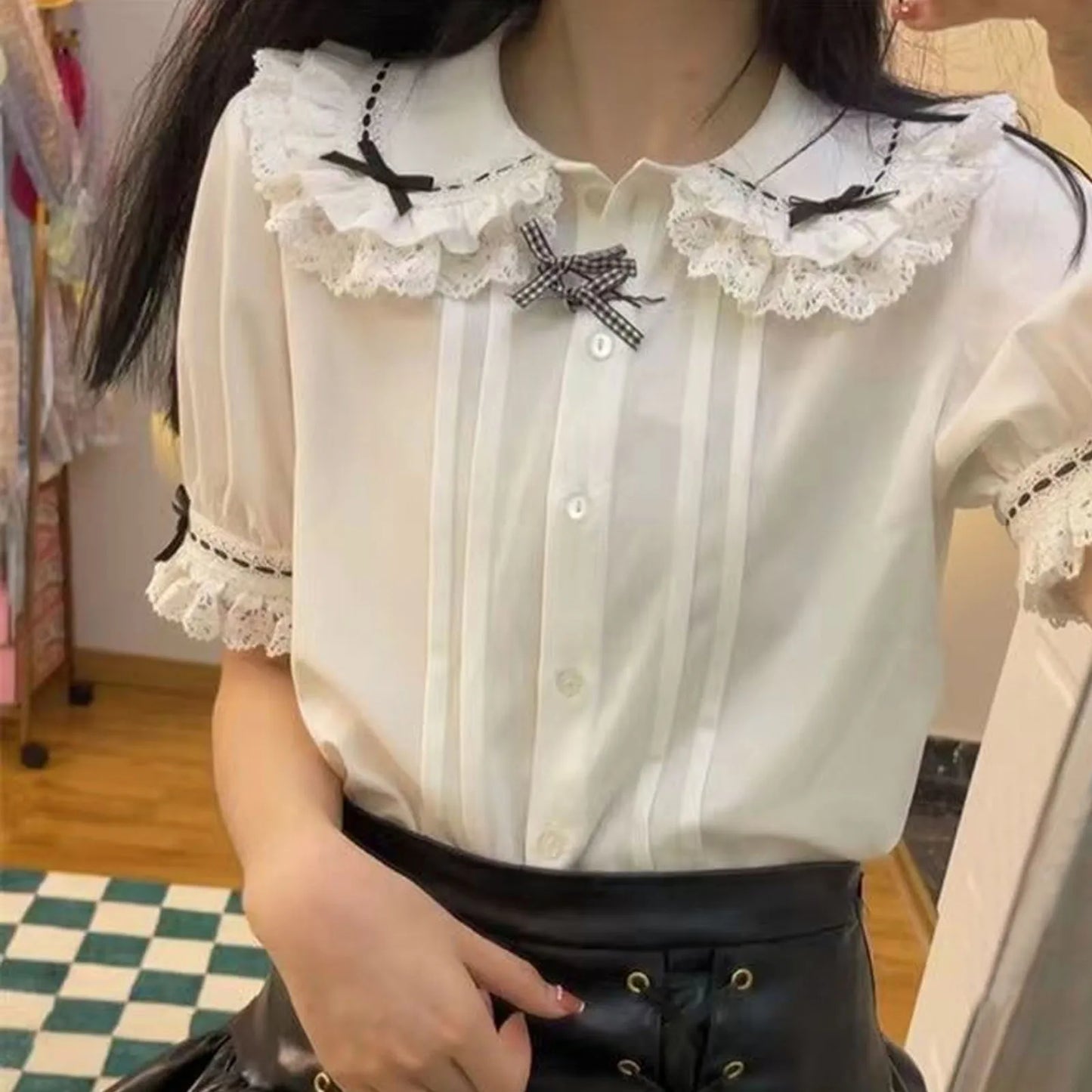 Spring Blouse Women Japanese Kawaii Cute Lace Patchwork Peter Pan Collar Shirt Vintage Sweet Embroidery Top Blusas