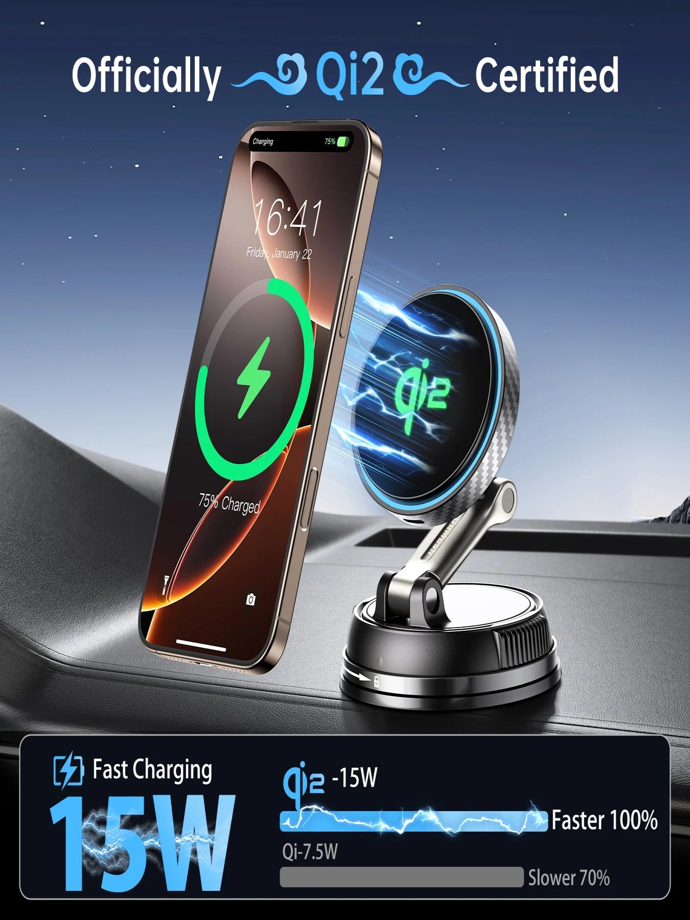 QI2 certified magnetic suction cup car Magsafe true 15W wireless charger mobile navigation air outlet suction cup bracket