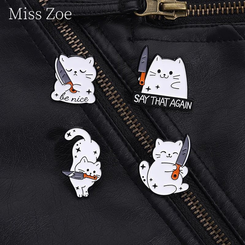 White Cat Holding Knife Enamel Pins Threatening Provoking Quotes Say That Again Brooch Bag Lapel Badge Jewelry Fans Gifts