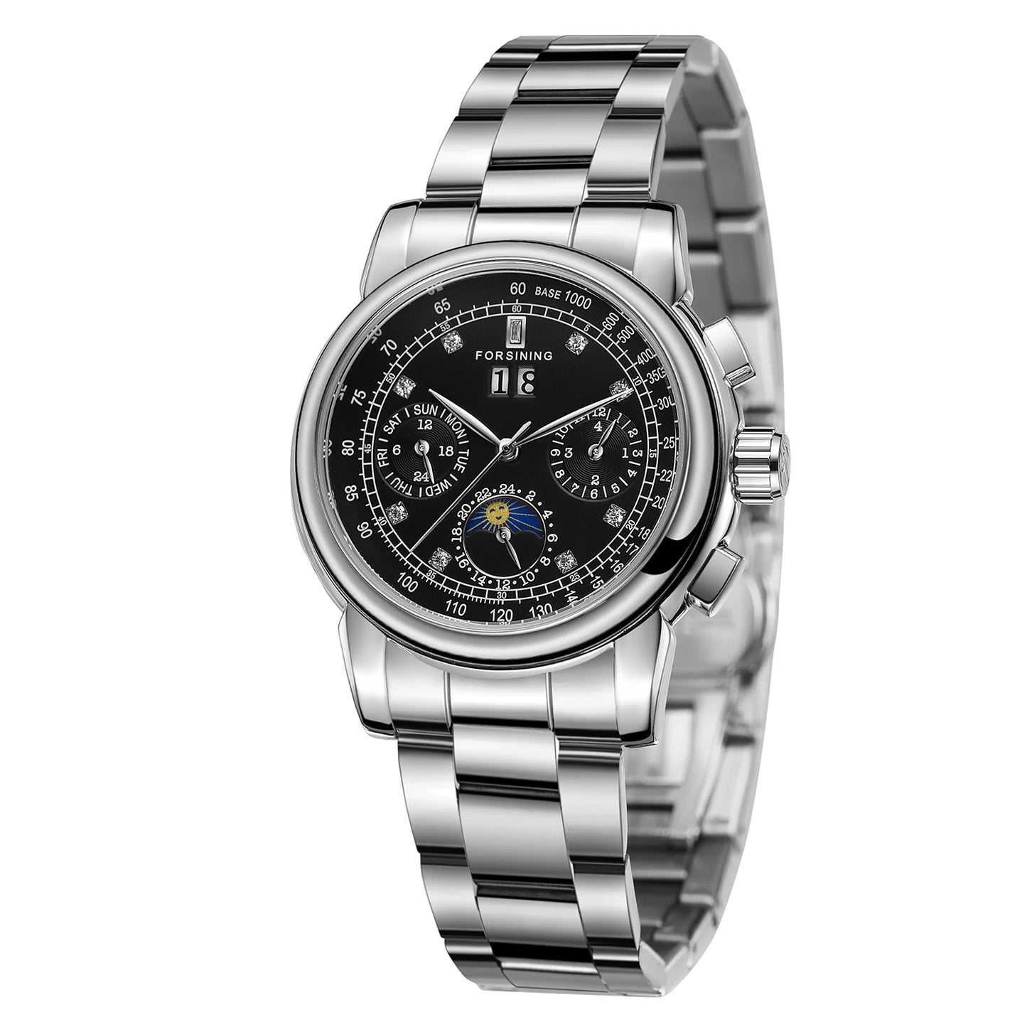 Forsining Fashion Ladies Stainless Steel Case Moon Phase Mechanical Watch Women's Multifunctional Diamond Dial Automatic Clock
